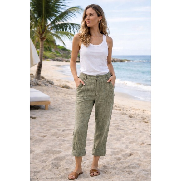 Athleta Pants - Athleta Women's Linen Blend Cargo‎ Pants Size 12 Olive Green Cropped Vacation